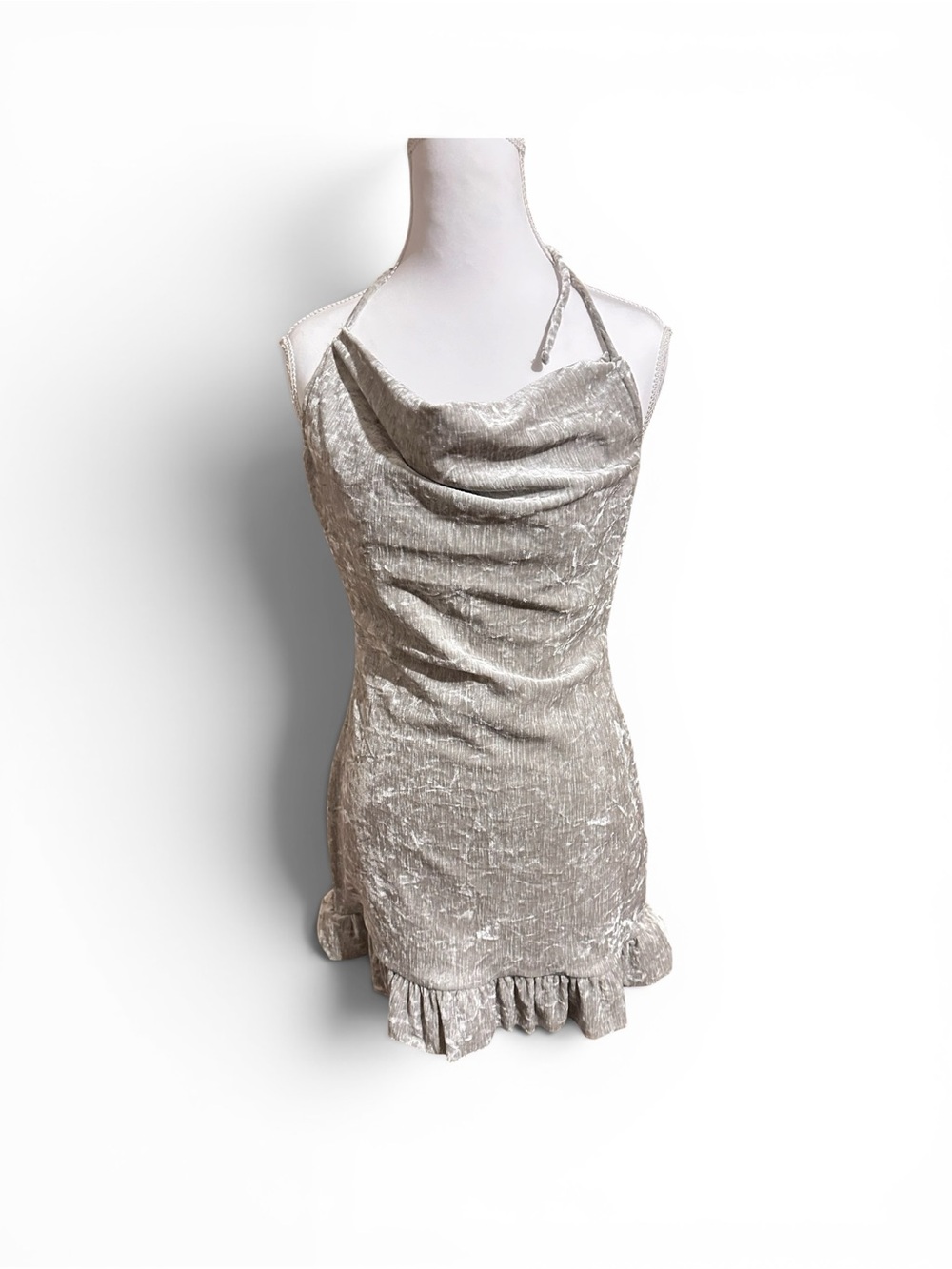 Silver Crushed Velvet Cowl Neck Mini Dress
